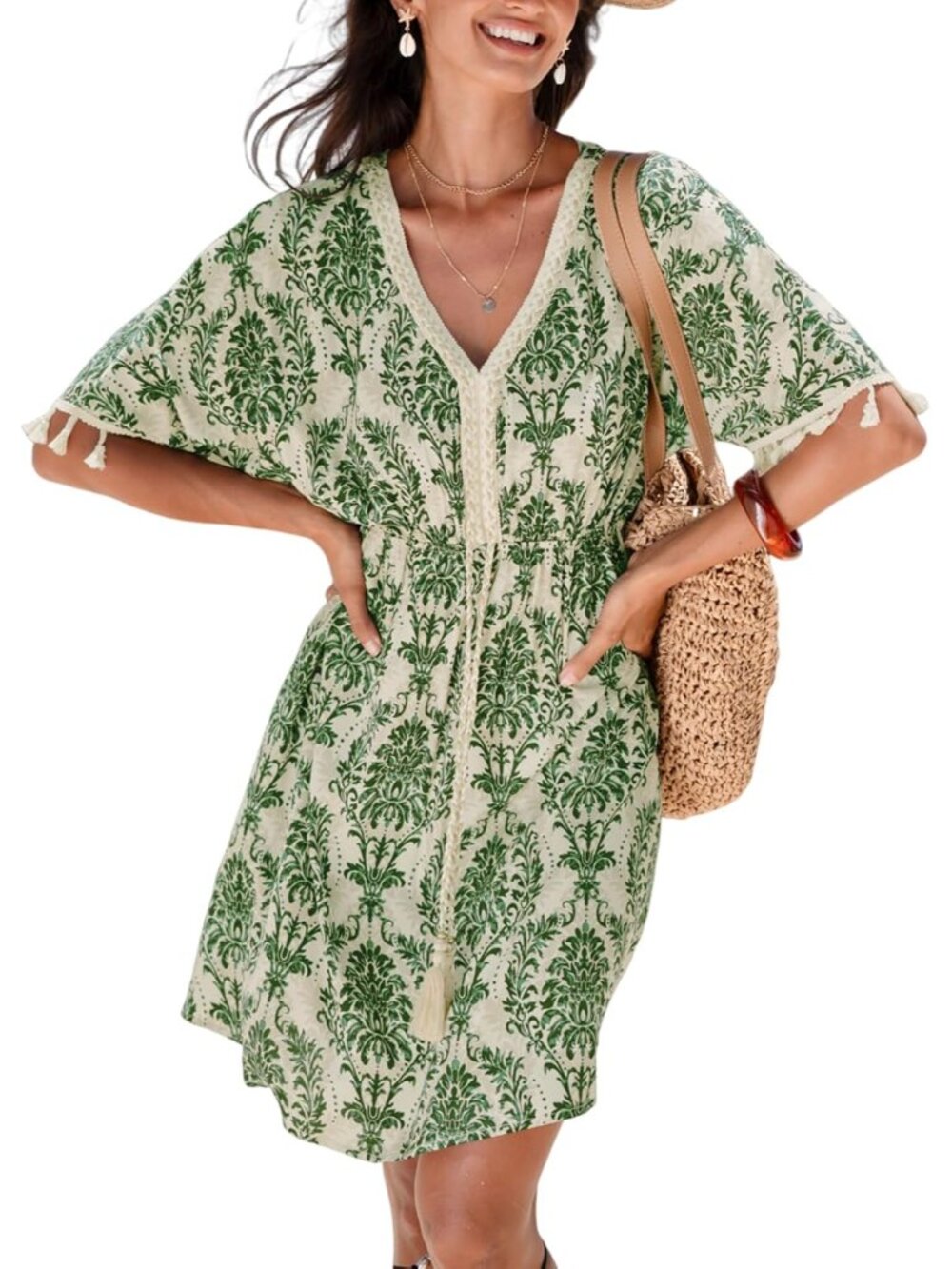 Women's Paisley V-Neck Tassel Trim Short Sleeve Mini Dress